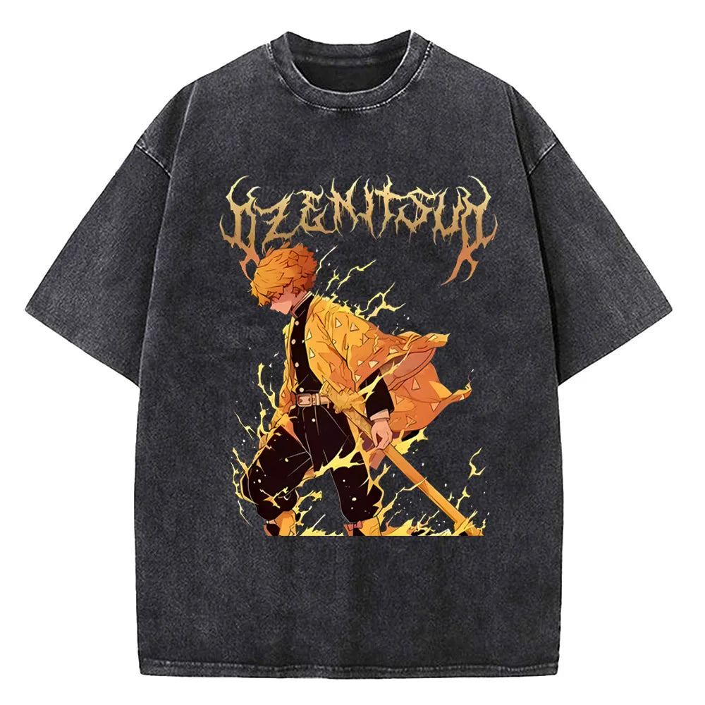 Japanese Anime Demon Slayer Printed Washed Tshirt Men Manga Casual T-shirts Harajuku Male Cotton T Shirt