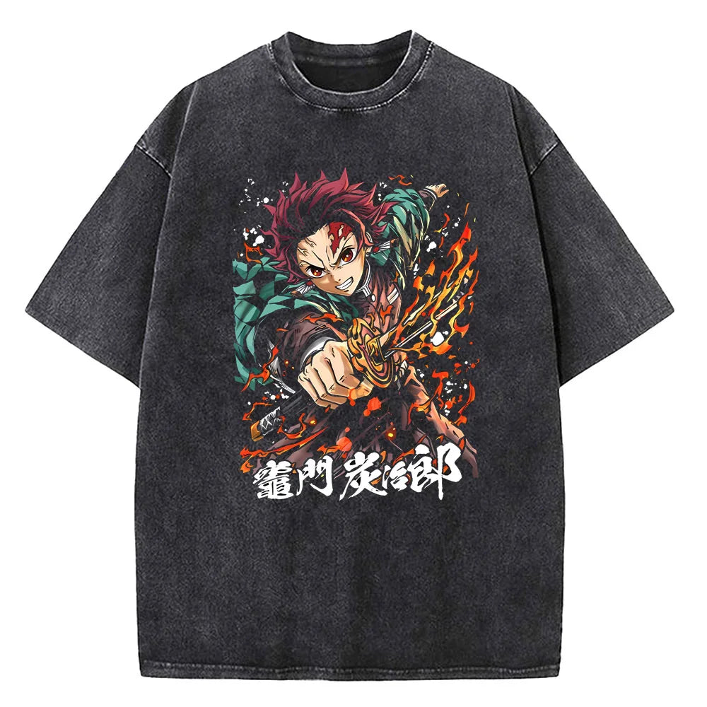 Japanese Anime Demon Slayer Printed Washed Tshirt Men Manga Casual T-shirts Harajuku Male Cotton T Shirt