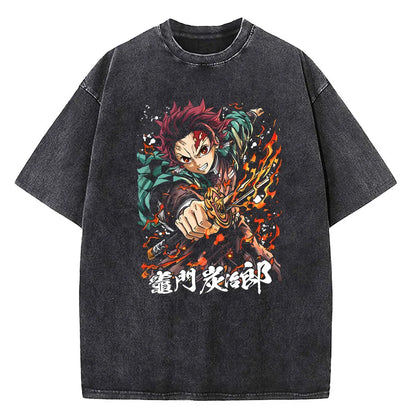 Japanese Anime Demon Slayer Printed Washed Tshirt Men Manga Casual T-shirts Harajuku Male Cotton T Shirt
