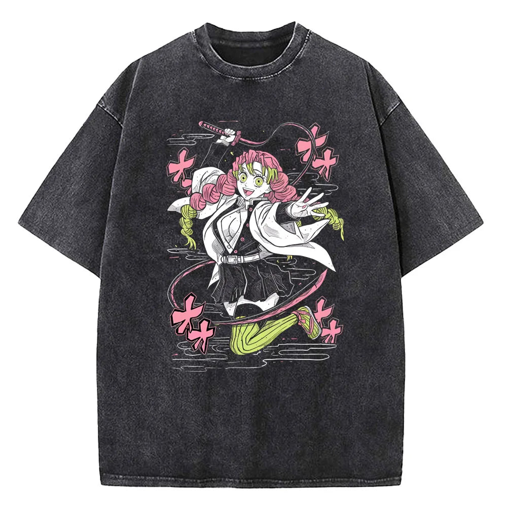 Japanese Anime Demon Slayer Printed Washed Tshirt Men Manga Casual T-shirts Harajuku Male Cotton T Shirt