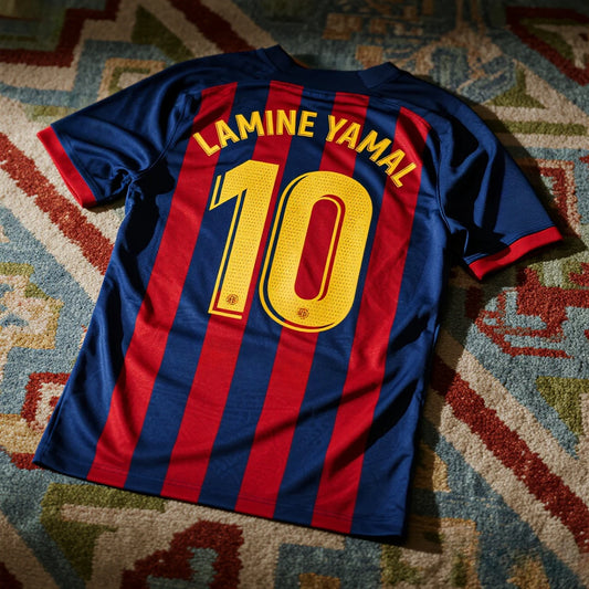 AI CHATGPT Lamine Yamal Soccer Jersey #10 Classic Blue & Red Stripes Design Player Name & Number Print Perfect for Football Fans