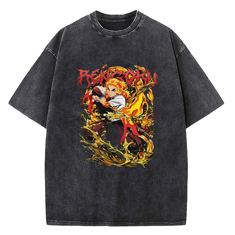 Japanese Anime Demon Slayer Printed Washed Tshirt Men Manga Casual T-shirts Harajuku Male Cotton T Shirt