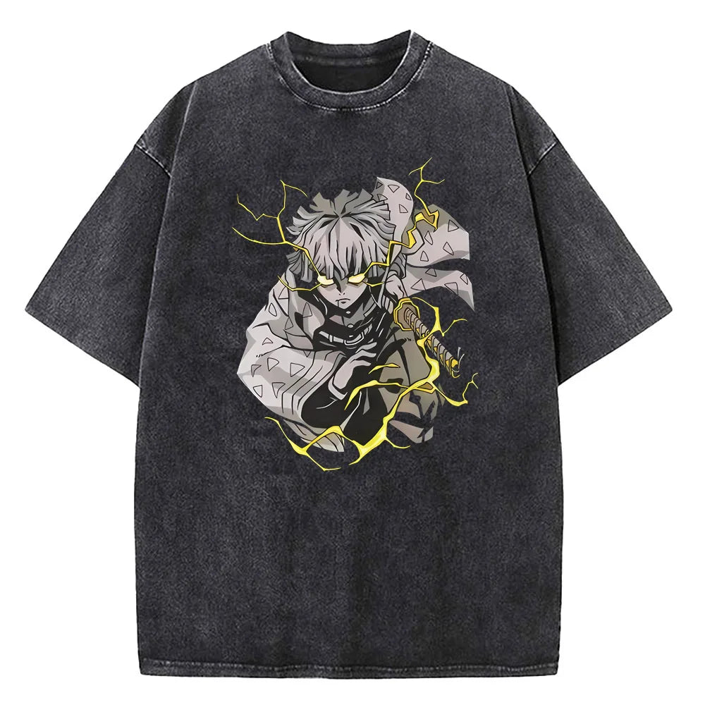 Japanese Anime Demon Slayer Printed Washed Tshirt Men Manga Casual T-shirts Harajuku Male Cotton T Shirt