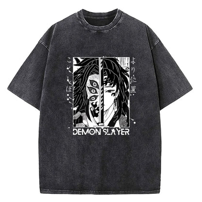 Japanese Anime Demon Slayer Printed Washed Tshirt Men Manga Casual T-shirts Harajuku Male Cotton T Shirt