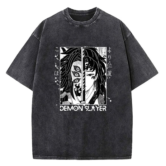 Japanese Anime Demon Slayer Printed Washed Tshirt Men Manga Casual T-shirts Harajuku Male Cotton T Shirt