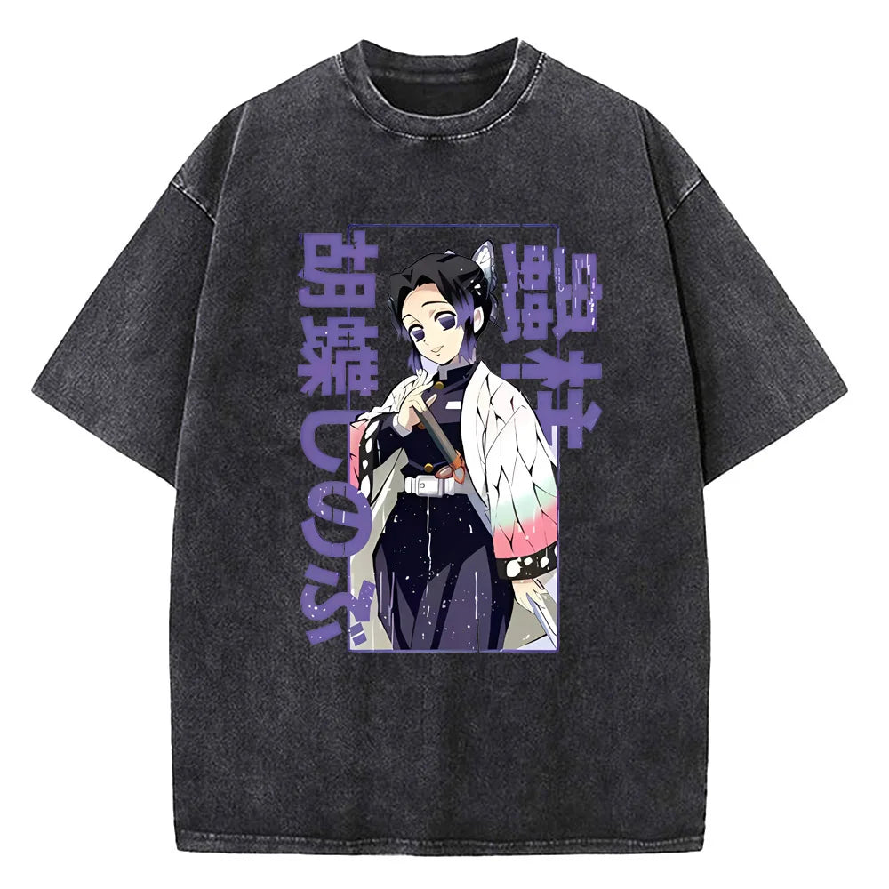 Japanese Anime Demon Slayer Printed Washed Tshirt Men Manga Casual T-shirts Harajuku Male Cotton T Shirt