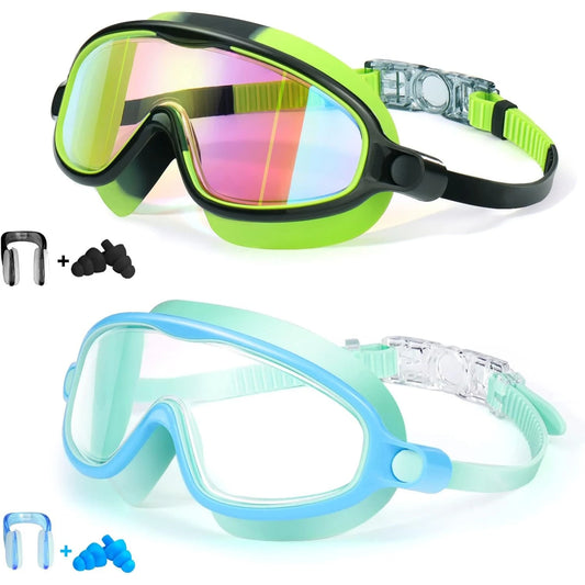 Swim Goggles 2 Pack Anti-Fog Anti-UV Wide View Swimming Goggles for Kids 3-14
