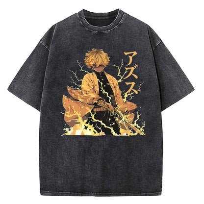 Japanese Anime Demon Slayer Printed Washed Tshirt Men Manga Casual T-shirts Harajuku Male Cotton T Shirt