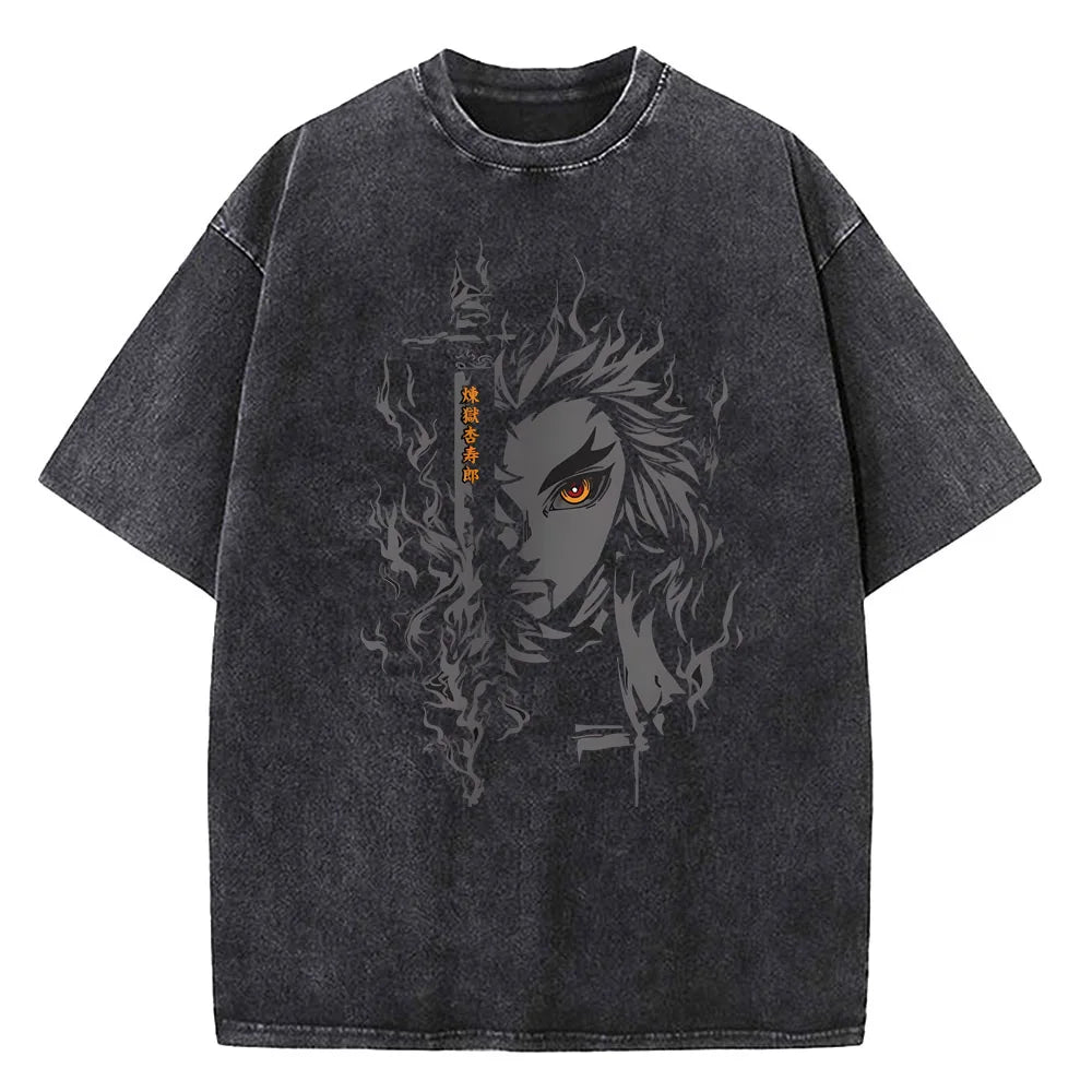 Japanese Anime Demon Slayer Printed Washed Tshirt Men Manga Casual T-shirts Harajuku Male Cotton T Shirt