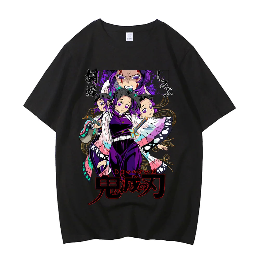 Japanese Anime Shirt Demon Slayer Shinobu Kocho T Shirt Men Clothing Kawaii Tees Tanjirou O-Neck High Quality Cotton Tshirt