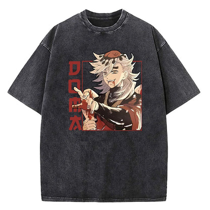 Japanese Anime Demon Slayer Printed Washed Tshirt Men Manga Casual T-shirts Harajuku Male Cotton T Shirt