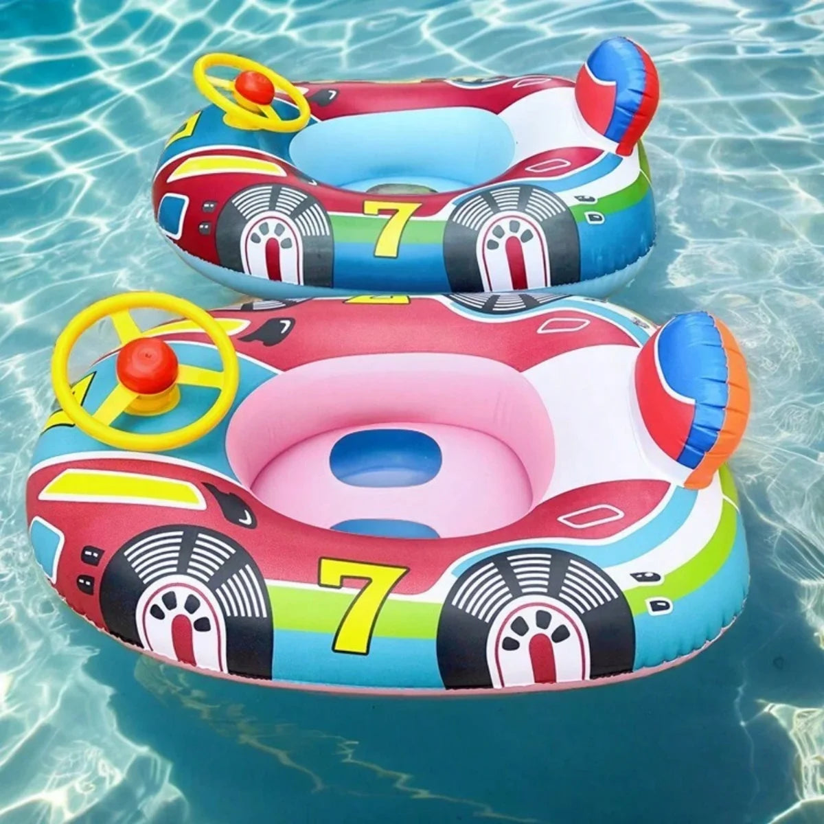 Baby Swimming Pool Float, Cute Car Design Kids Toddler Inflatable Summer Beach Floatie Boat Swim Tube Ring with Handles Safety