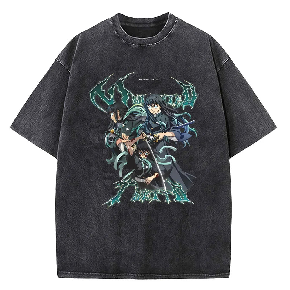 Japanese Anime Demon Slayer Printed Washed Tshirt Men Manga Casual T-shirts Harajuku Male Cotton T Shirt
