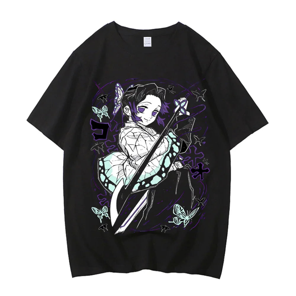 Japanese Anime Shirt Demon Slayer Shinobu Kocho T Shirt Men Clothing Kawaii Tees Tanjirou O-Neck High Quality Cotton Tshirt