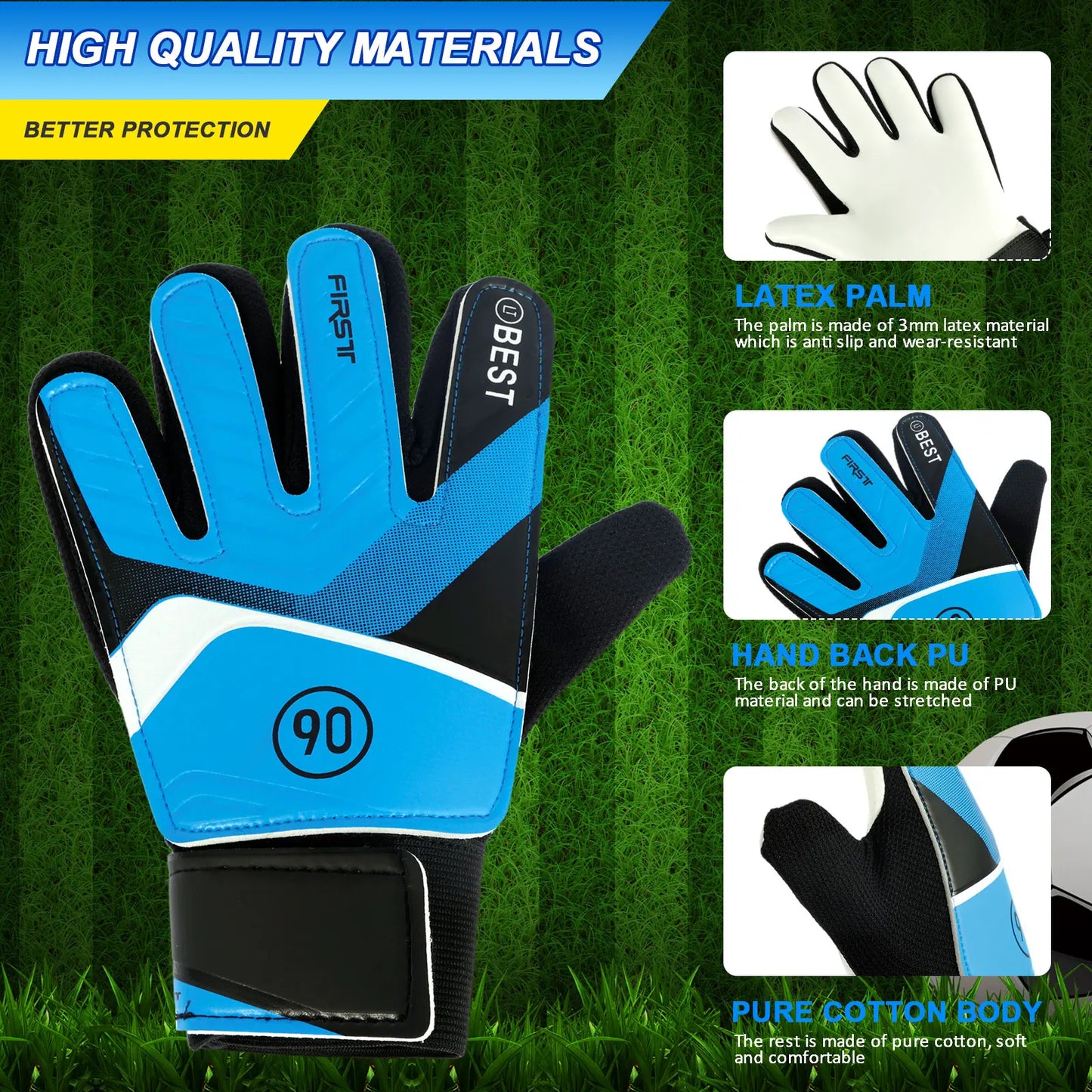 2Pcs Kids Soccer Goalie Gloves 5/6/7 Size Adjustable Wrist Strap Training Gloves Latex Goalkeeper Gloves Anti-Slip Full Finger